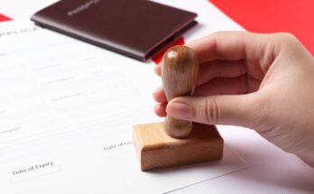 Woman’s hand stamping application for entry approval. A brown passport is near her hand on the table.