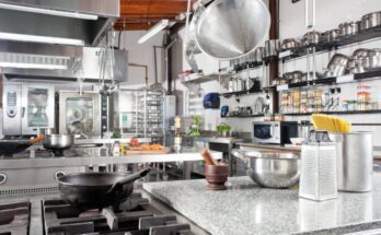 A professional kitchen with a variety of equipment, including colanders, a cast iron pan, dozens of pots, and a cheese grater.