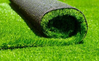 A strip of artificial turf being rolled out onto a lawn consisting of the same synthetic turf material.