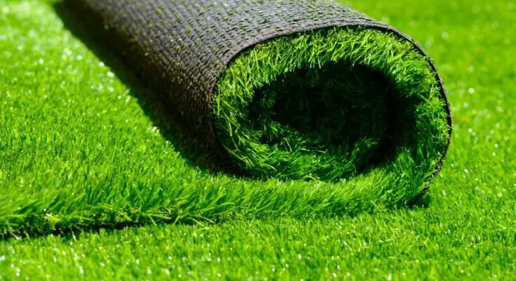 A strip of artificial turf being rolled out onto a lawn consisting of the same synthetic turf material.