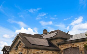 Many solar panels are installed to the roof of a modern residential home to provide sustainable energy for its residents.