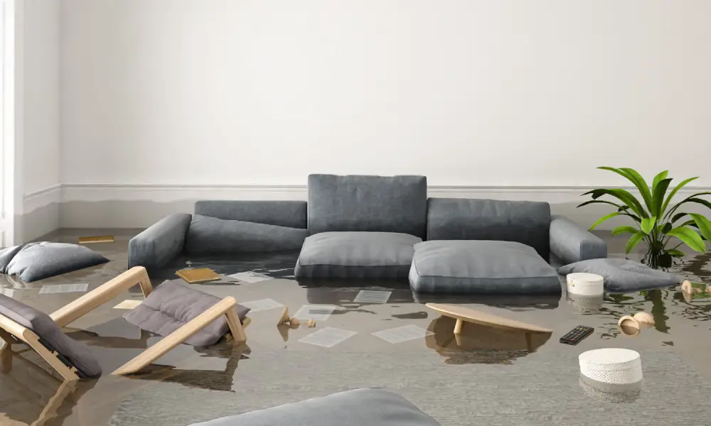 A living room is flooded and all the furniture floats in the water, including a chair, couch cushions, and a remote.