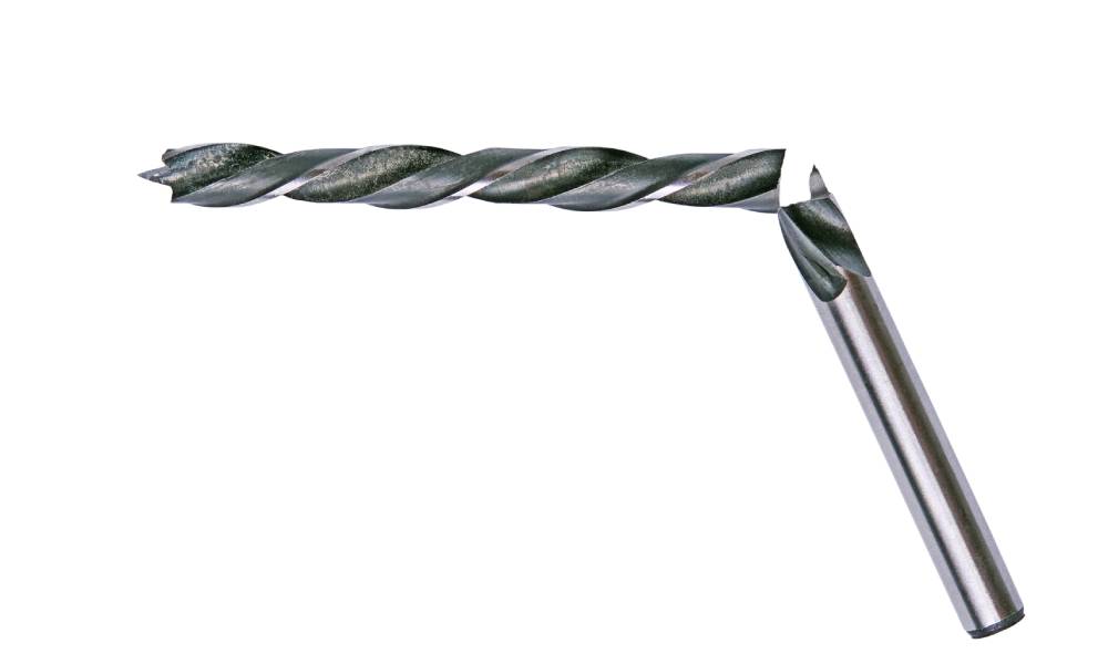 A broken drill bit sits in an L-shape in front of a white background. The bit is silver and features a crack in the middle.
