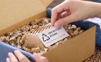 Two hands opening a cardboard box. One hand holds up a card in the box that reads “100% RECYCLABLE REUSABLE.”