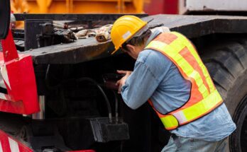 A heavy equipment engineer wearing a hard hat and safety vest uses grease to lubricate the axle of a crane.