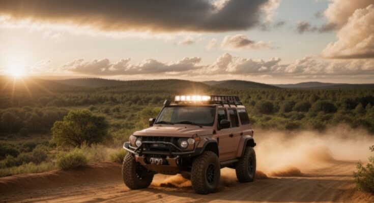 A Jeep drives through a green area on a sandy trail, leaving dust clouds behind it. The sun peaks out over a hill.