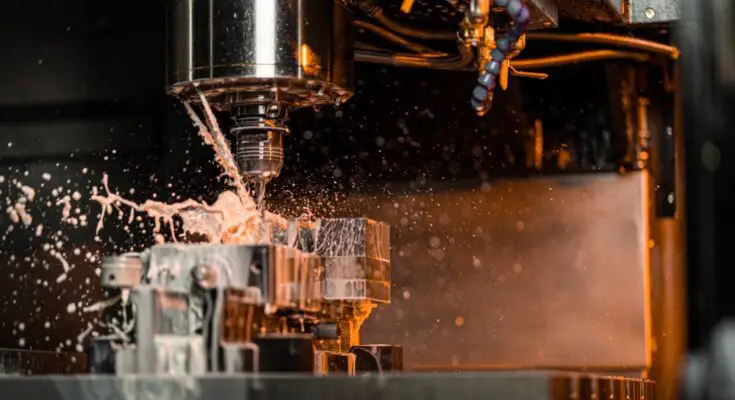 A close-up of a CNC machine drilling into a metal part as cutting fluid splashes onto and off of the part.