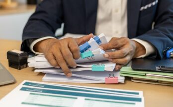A man in business attire sorting through stacks of paper held together by binder clips of different colors.