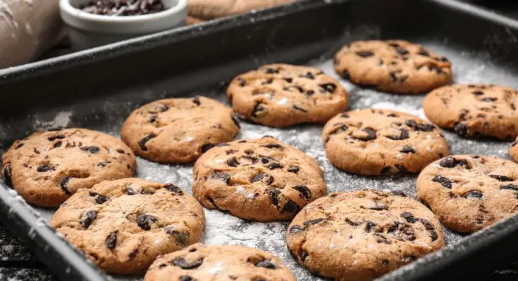 A darkly-colored tray contains four rows of three chocolate chip cookies. A white bowl of chocolate chips is next to the tray.