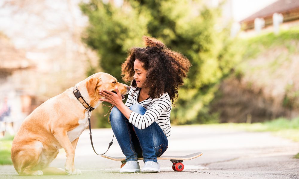 A young girl wearing a striped shirt is sitting outside on a skateboard while petting a large dog on a leash.