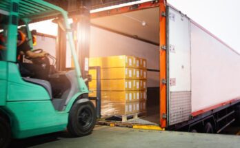 A person drives a green forklift toward a loading dock to load multiple pallets of cargo into a large freight truck.