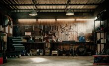 A garage wall holding organized tools and hanging lights above a large workbench sitting on a concrete floor with gear below.