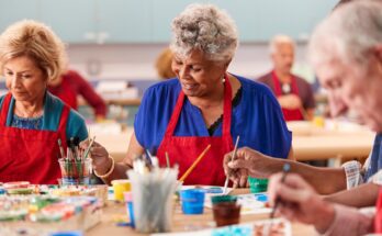 A group of seniors in red aprons sitting at a table, holding paintbrushes while painting on white pieces of paper.
