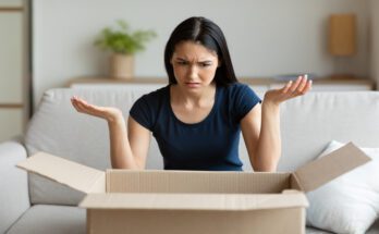 An annoyed woman sits on a couch and lifts her hands up in exasperation as she looks at the contents of a cardboard shipping box.