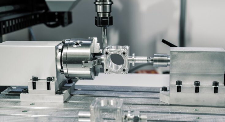 A CNC machine making a custom tool for an industrial demand. The machine is stainless steel with a computerized drill.