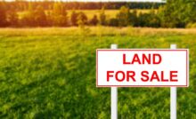 Large plot of land with lush green grass and multiple trees scattered with a large white sign displaying land for sale.