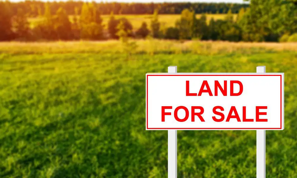 Large plot of land with lush green grass and multiple trees scattered with a large white sign displaying land for sale.