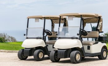 Two white golf carts with beige tops parked next to each other on a concrete road with trees in the distance.