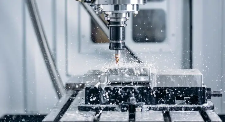 A CNC machine in the process of milling metal. There are droplets of coolant surrounding the work space.