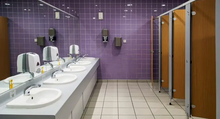 Sinks in a public restroom are parallel to stalls. The faucets, soap dispensers, and paper towel dispensers are automatic.