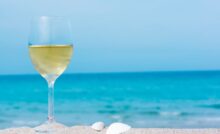 A glass of white wine sits in the sand on the beach next to two small, white sea shells in front of the ocean.