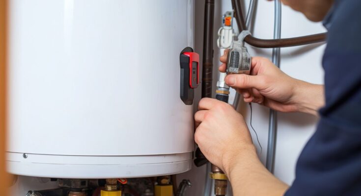A person working on the tubing that connects to an electric water heater. The heater has a white tank and a red lever.