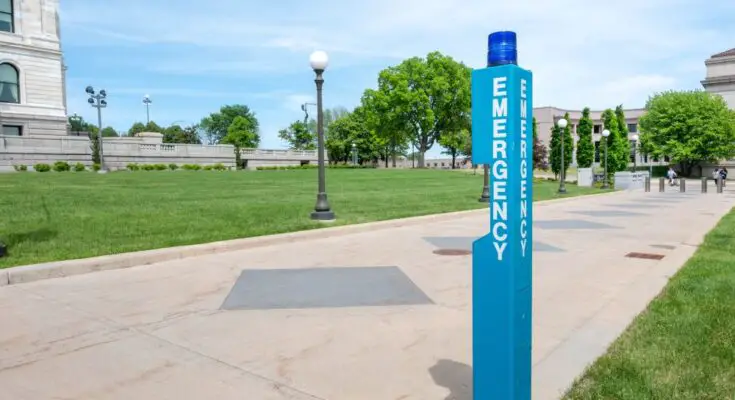A blue call box is in front of the State Capitol building. It's a sunny day, and no one is walking around the building.