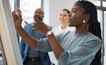 A close-up showing a woman wearing a blue shirt using a pen to write on a whiteboard in front of two people.