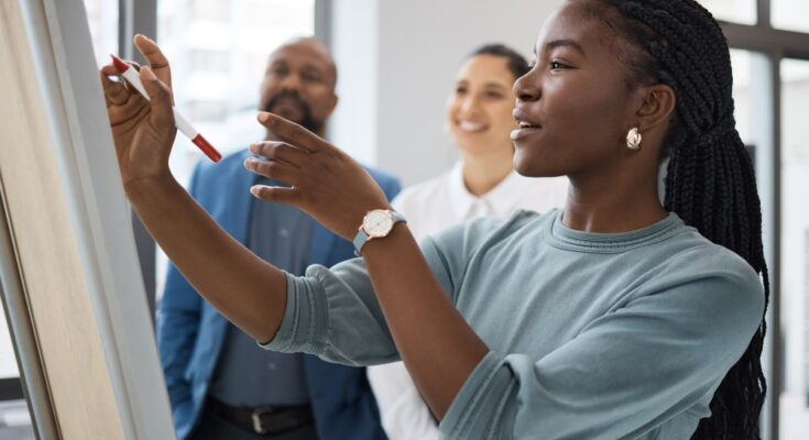 A close-up showing a woman wearing a blue shirt using a pen to write on a whiteboard in front of two people.