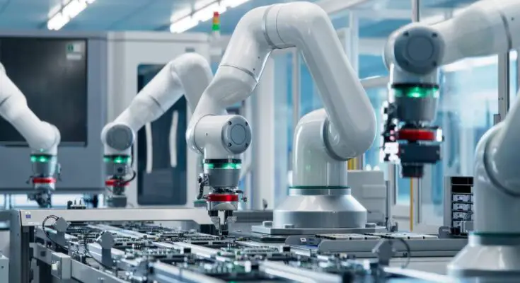 A group of robot arms in action at a factory on top of circuit boards in a modern PCB assembly line.