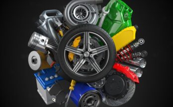 An assortment of car parts, spares, and automotive accessories is arranged and centered around a brand-new tire.