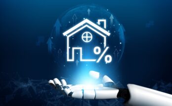 A robotic hand stretched out with a graphic illuminating from its palm. The graphic is of a home with a percentage symbol.