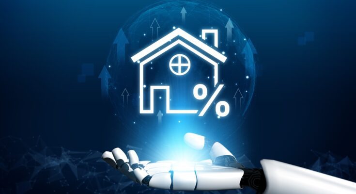A robotic hand stretched out with a graphic illuminating from its palm. The graphic is of a home with a percentage symbol.