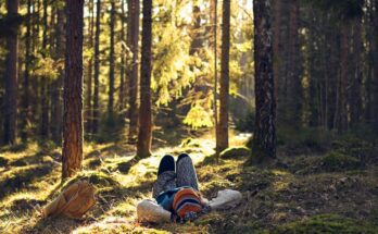 A person wearing a beanie and warm clothing is lying on their back with their hands under their head in a forest.