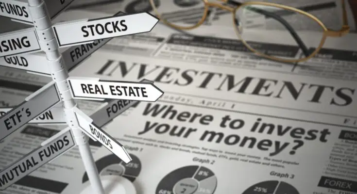 A miniature sign post with various signs labeled with familiar stock options sitting on a faux newspaper.