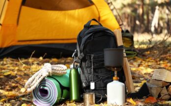 A pile of camping supplies sitting outside the tent. There is a backpack, a water bottle, and a mat.