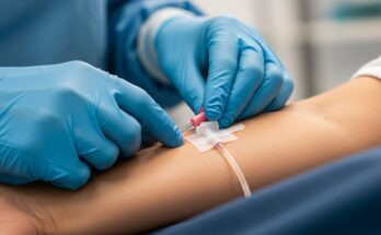 A close-up shows a medical professional wearing blue latex gloves as they insert an IV catheter into a patient's arm.