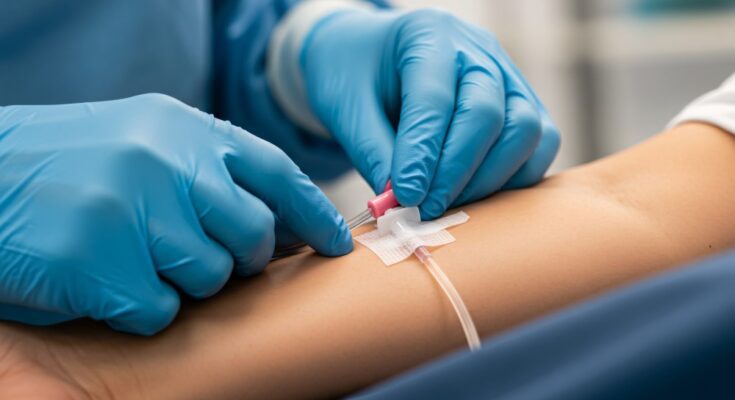 A close-up shows a medical professional wearing blue latex gloves as they insert an IV catheter into a patient's arm.