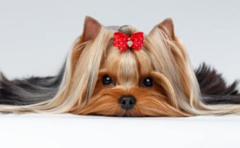 A Yorkshire Terrier with a red bow on its head lying down, with its long hair spread out on the ground.