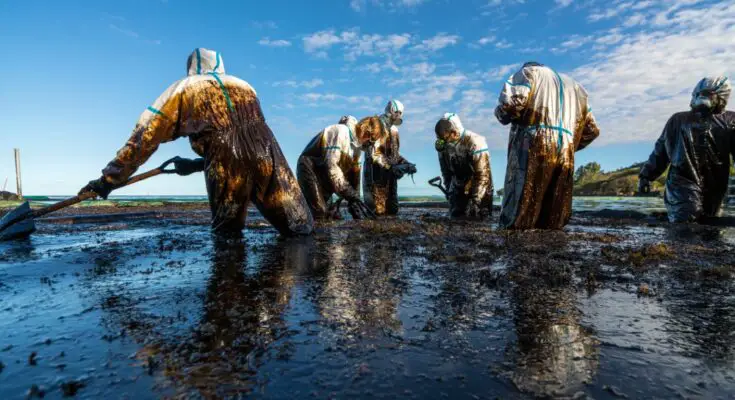 A group of volunteers in white plastic clean suits is cleaning the ocean coast from oil after a tanker wreck.