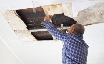 A man in a plaid shirt stands on a ladder while inspecting a water-damaged ceiling with exposed beams and discoloration.