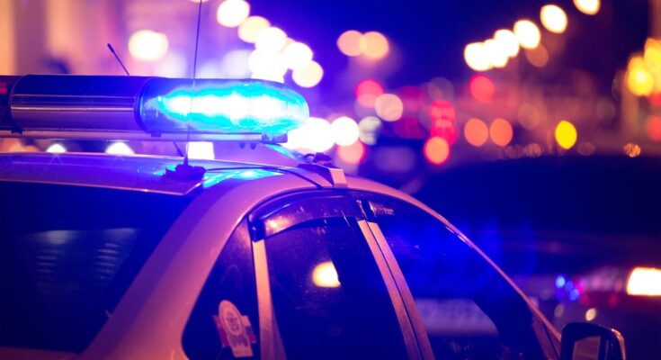A white car with blue police lights shine brightly against the dark night, behind it are blurry city lights.