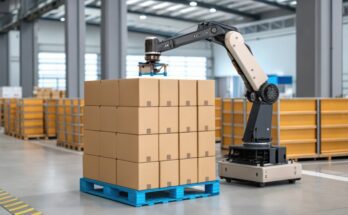 A robotic arm stacks cardboard boxes on a blue pallet in a warehouse with shelves, concrete floors, and bright lighting.