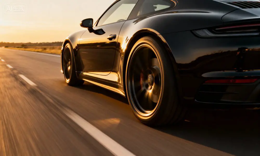 A rear-side view of a black sports car driving on an open road at sunset, with motion blur and glowing reflections.