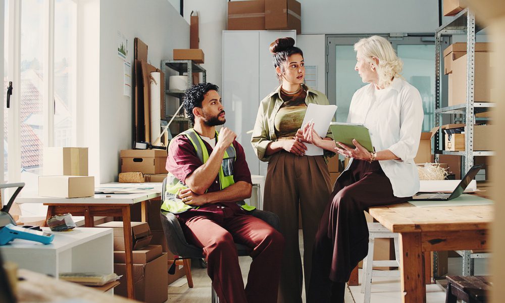 A man sits in a chair while a woman sits on the edge of a table, and another woman stands while talking to them.