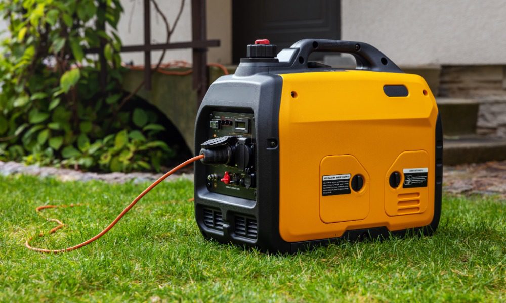 A small yellow backup generator on a residential lawn. An orange cable connects the generator to an outlet.